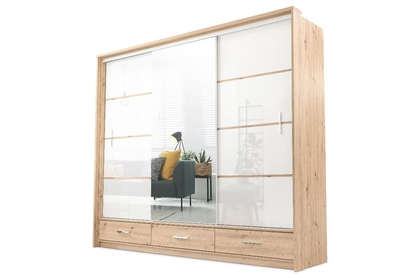 Skříň s posuvnými dveřmi s zásuvkami i zrcadlem Alaska 255 cm - Dub artisan / Bílý