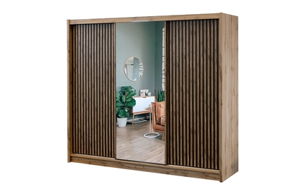 Skříň s posuvnými dveřmi z lamelami se zrcadlem London 250 cm - Dub wotan / Černý