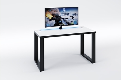 PC stôl Seman 135 cm s kovovými nohami a LED pásikom - biela / čierna