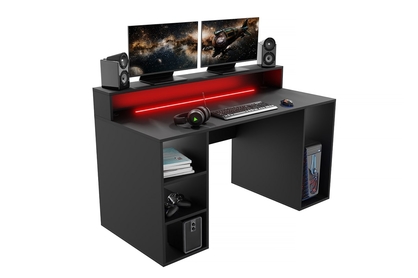 psací stůl gamingowe Demin z policemi i tasma LED - Černý 