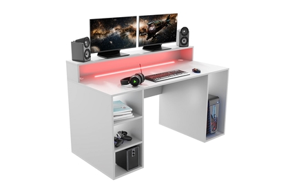Písací stôl gamingowe Demin z policami i tasma LED - Biely