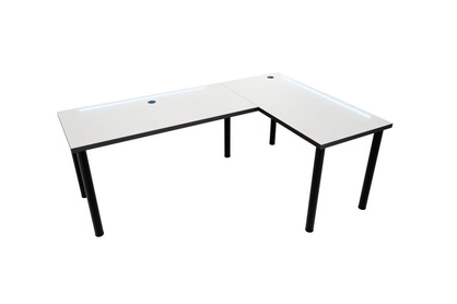 psací stůl gamingowe Nelmin 160 cm na kovové podstavě z tasma LED prawe - bílý / černý 