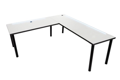 psací stůl gamingowe narozne Nelmin 160 cm na kovové podstavě z tasma LED - bílý / černý 