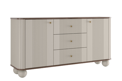 Komoda Vesper 160 cm so zásuvkami na guľatých nohách - kašmír / orech / zlaté úchytky