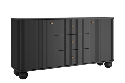 Komoda Vesper 160 cm so zásuvkami na guľatých nohách - čierna / zlaté úchytky / guľaté nohy