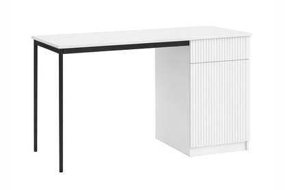 Biely písací stôl Nicole 120 cm s jednými dverami a zásuvkou - biely mat / čierne nohy