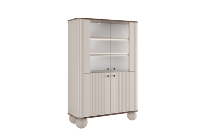 Vitrína Vesper 103 cm štvordverová - kašmír / orech / čierne úchytky / guľaté nohy