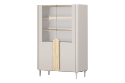 Vitrína Amilio 100 cm - kašmír / olejovaný dub / úchytky svetlý dub