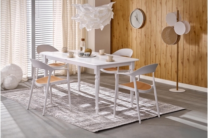 Rozkladací jedálenský set Larco + 4 stoličky Veltro – biely / biele sedadlo / prírodné nožičky