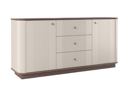 Komoda Vesper 160 cm so zásuvkami na sokli - kašmír / orech / zlaté úchytky