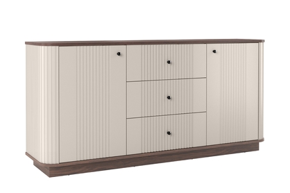 Komoda Vesper 160 cm so zásuvkami na sokli - kašmír / orech / čierne úchytky