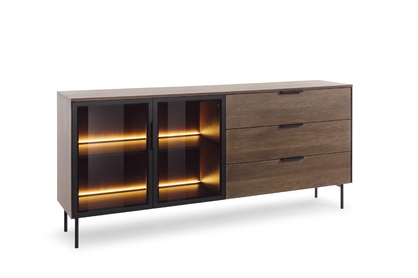 Komoda Auri 181 cm se zásuvkami a osvětlením - dub dunin / černá