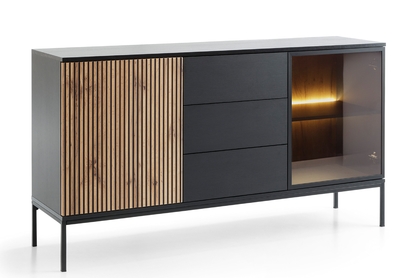 Dvojdverová komoda Bogalo 154 cm so zásuvkami a LED osvetlením - čierna / dub wotan