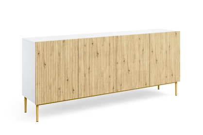 Komoda Nicole 200 cm štvordverová - Biely / Dub artisan / zlote nozki