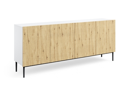 Biela komoda Nicole 200 cm so štyrmi dverami - biely / dub artisan / čierne nohy