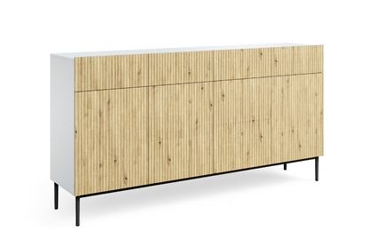 Biela štvordverová komoda Nicole 200 cm so zásuvkami - biela / dub artisan / čierne nohy