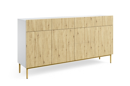 Biela štvordverová komoda Nicole 200 cm so zásuvkami - biely / dub artisan / zlaté nožičky