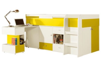 Mobi MO21 emeletes ágy 90x200 cm íróasztallal és szekrényekkel - Fehér / sárga