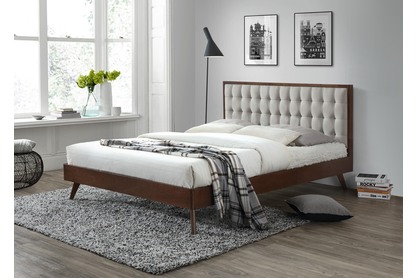 Dřevěná postel s čalouněnou opěrkou hlavy Solomo 160x200 - Ořech/ Béžová