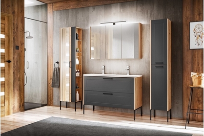 Komplet moderní koupelny s umyvadlem a osvětlením - Madera Grey Grafit / Dub Artisan