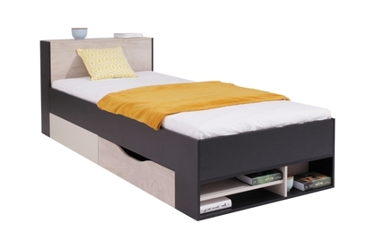 Mládežnická postel s výsuvným panelem PL14 Planet - Černý / Dub / Béžová 