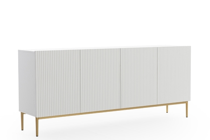 Moderní komoda Nicole 200 cm čtyřdveřová s ryhovaným čelem - bílý mat / zlaté nožky