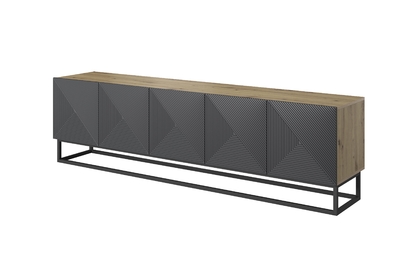 TV stolek Asha 200 cm s rýhovaným čelem a kovovým rámem - dub artisan / rivier stone mat