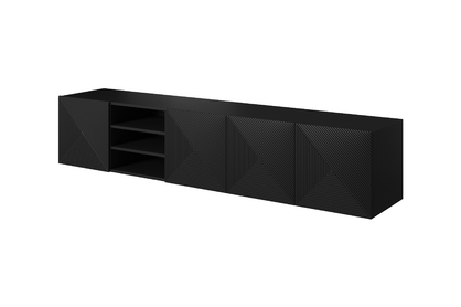 Závesný TV stolík Asha 200 cm s 3 otvorenými policami - čierny mat