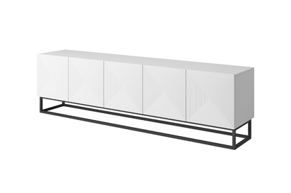 TV stolík Asha 200 cm na čiernom podstavci - biely mat