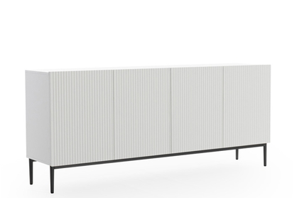 Moderní komoda Nicole 200 cm se čtyřmi dveřmi a ryhovaným čelem - bílý mat / černé nohy