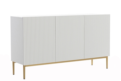 Biela komoda Nicole 150 cm s trojdverovým ryhovaným čelom - matná biela / zlaté nožičky