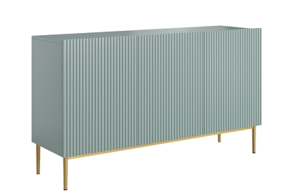 Moderní komoda Nicole 150 cm třídveřová s ryhovaným čelem - šalvějová / zlaté nožky