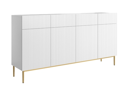 Čtyřdveřová komoda Nicole 200 cm se zásuvkami s ryhovaným čelem - bílý mat / zlaté nožky