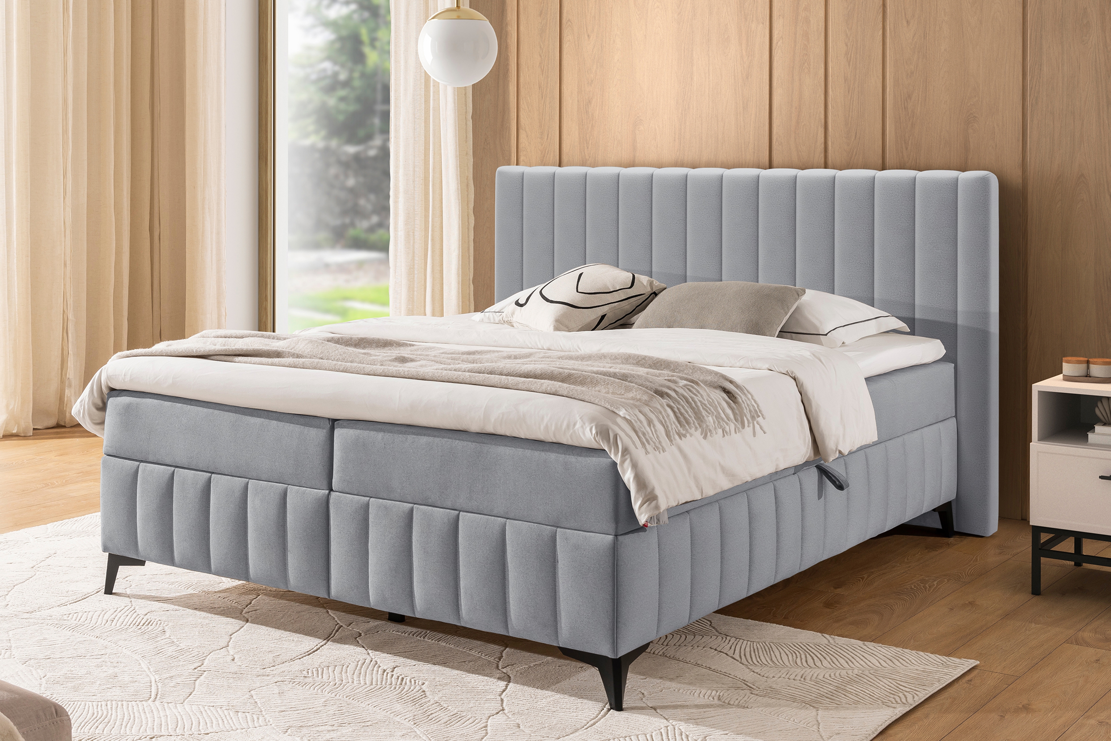Boxspring posteľ Verona 160x200 s úložným priestorom – sivý hydrofóbny zamat Amon 10 Boxspring posteľ Verona 160x200 s úložným priestorom - šedý velúr hydrofobowy Amon 10
