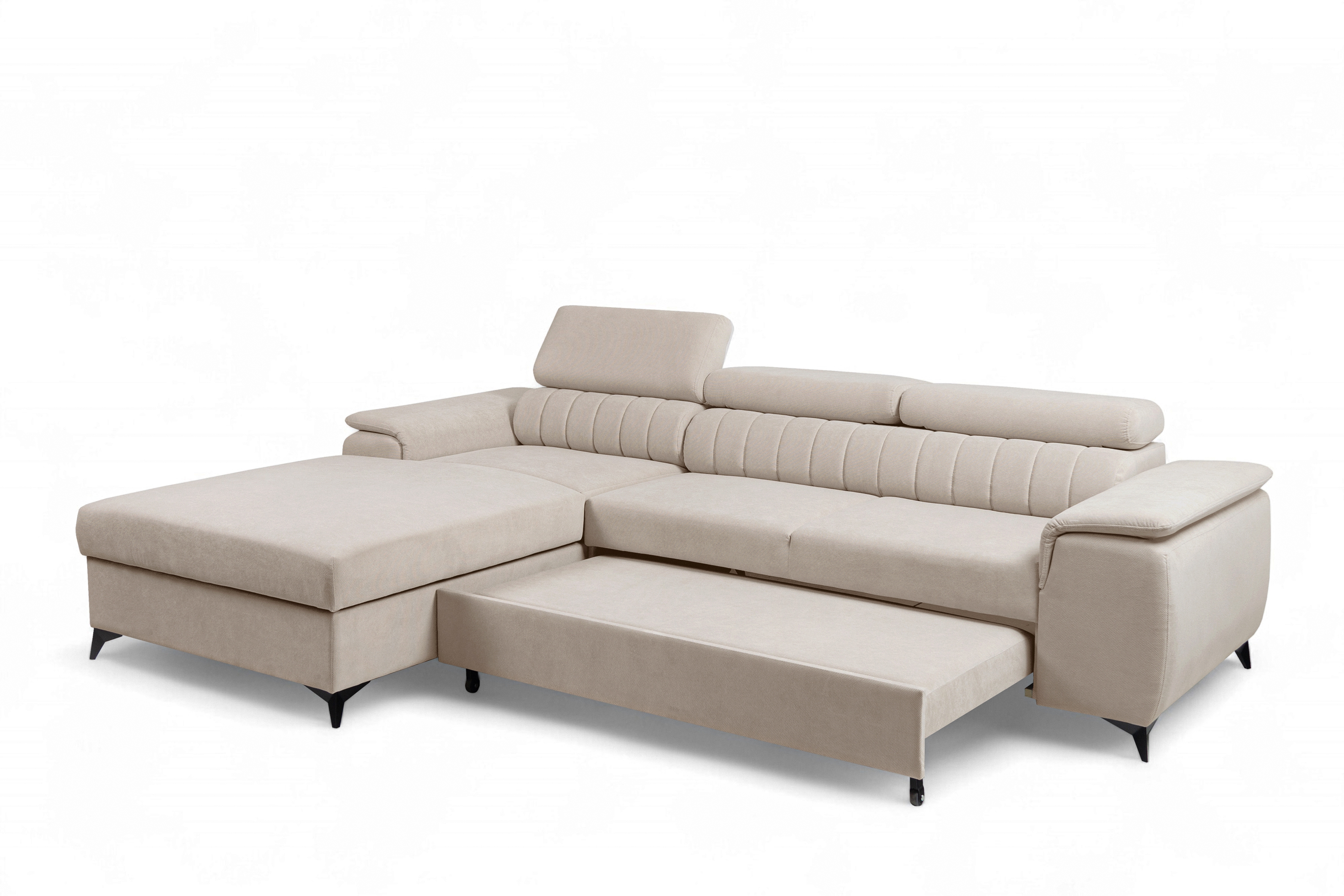 Rozkladacia rohová sedacia súprava Monrose Mini ľavá - béžový plyš Pretty 03  Rohová sedacia súprava Monrose L II s funkciou spánku Ľavá strana - béžový plusz Pretty 03 