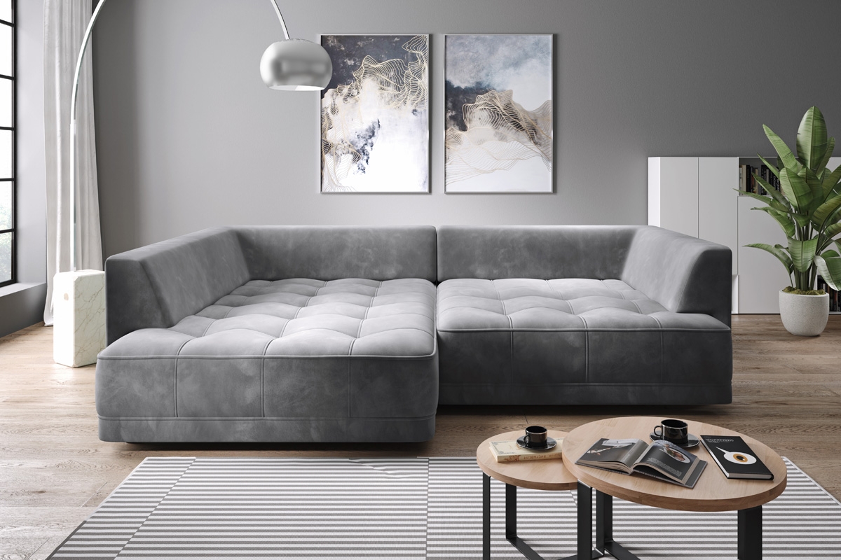 Rohová sedacia súprava TA BX s elektrickým výsuvom a úložným priestorom - šedý zamat Riviera 16, ľavá strana Rohová sedacia súprava s elektricky výsuvným sedákem 