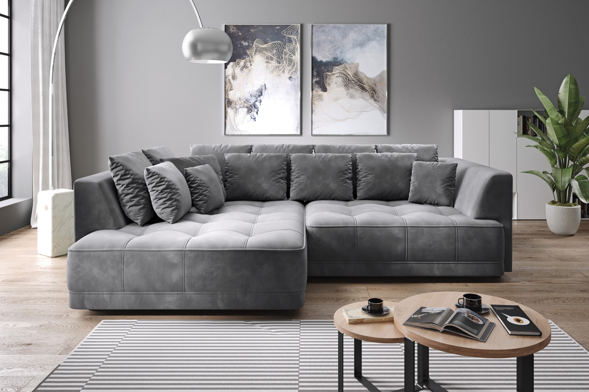 Rohová sedacia súprava TA BX s elektrickým výsuvom a úložným priestorom - šedý zamat Riviera 16, ľavá strana šedý Rohová sedacia súprava . 