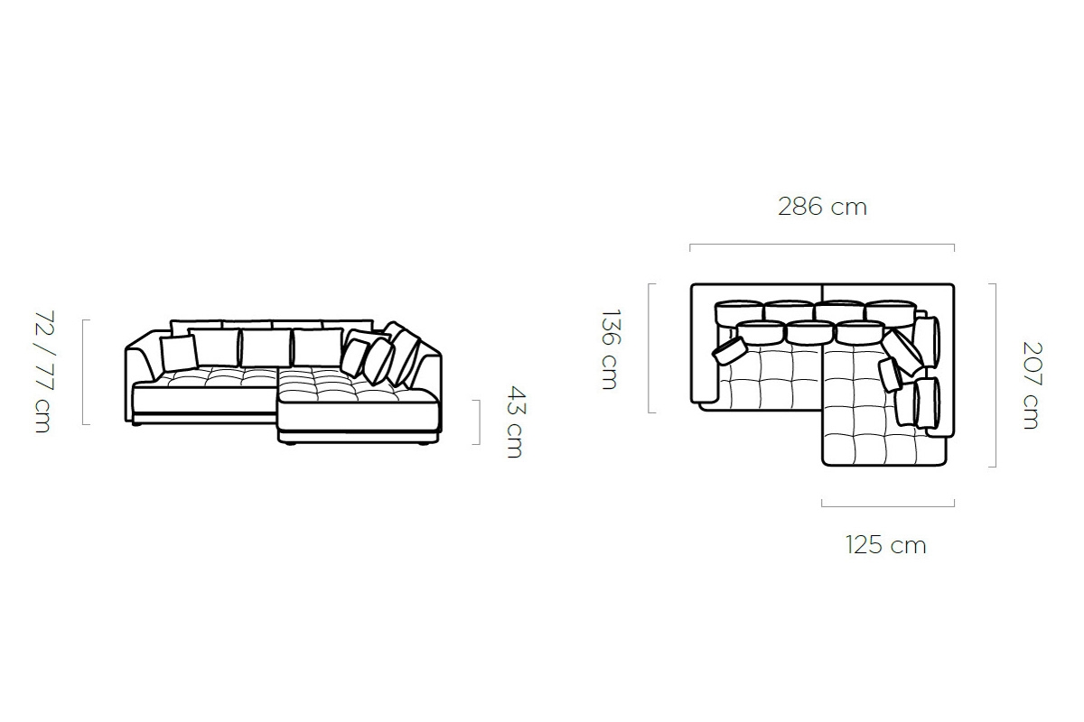 Rohová sedacia súprava TA BX s elektrickým výsuvom a úložným priestorom - šedý zamat Riviera 16, ľavá strana Rohová sedacia súprava s elektricky výsuvným sedákem a úložným priestorom TA BX - Rozmery 