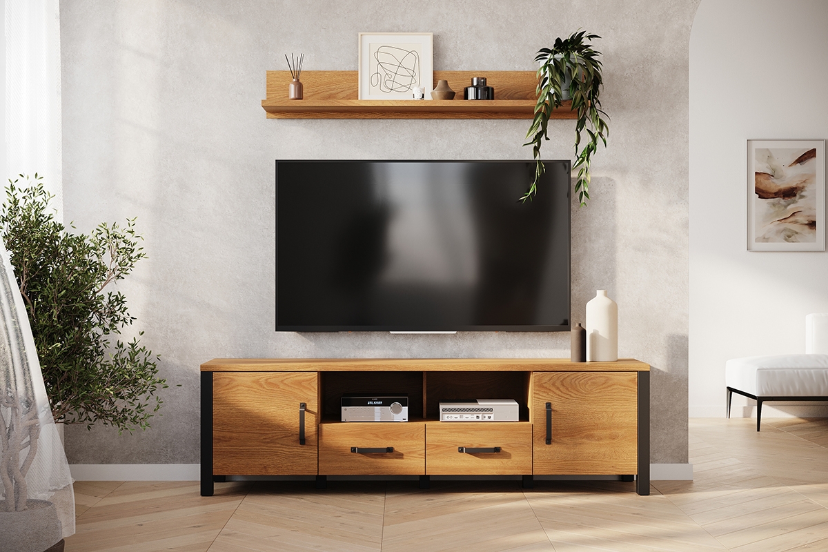 TV stolek Olin 192 cm se zásuvkami - dub karamelový / černý supermat TV skříňka Carmelin 192 2D2SZ - Dub karamelový / Černý supermat