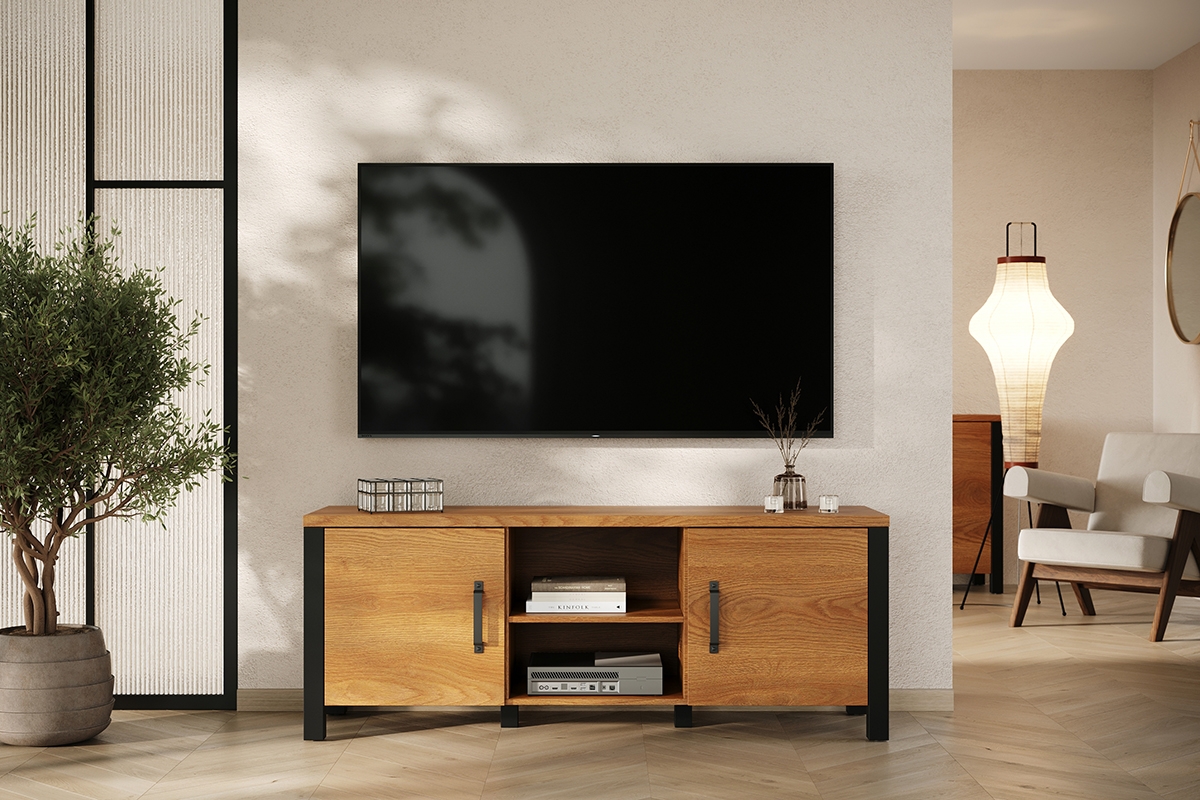 TV stolek Olin 41 s výklenky - dub karamelový / černý supermat Skříňka rtv do obývacího pokoje na czarnych nozkach