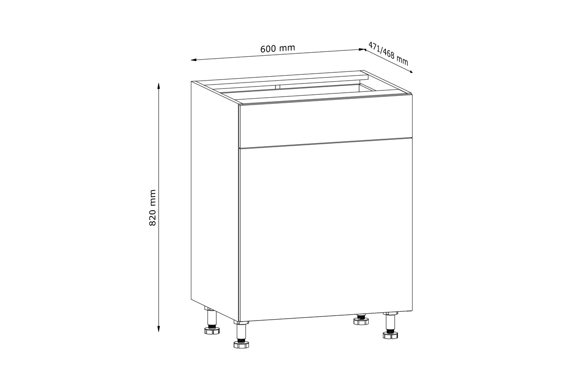 Dulap Langen D60S1 bucătărie  inferior cu sertar  - Stejar Artisan Langen D60S1 - Skříňka partea inferioară z szuflada - Rozměry