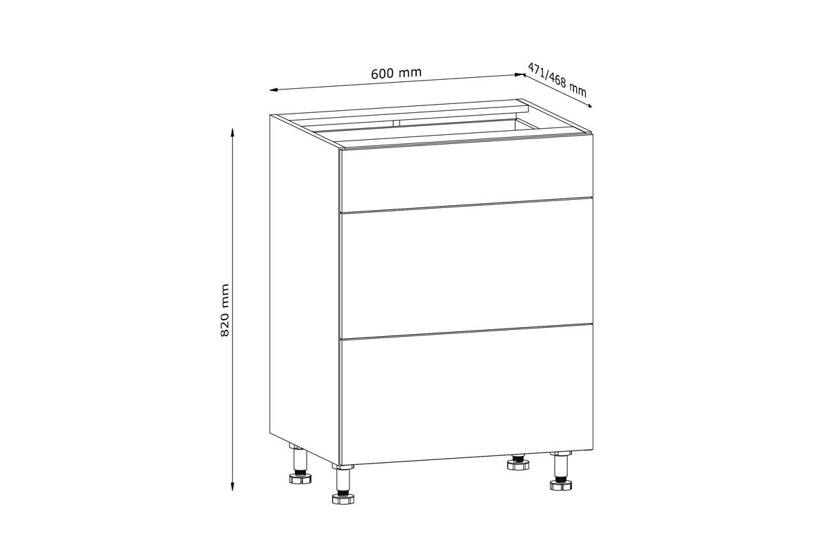 Dulap Langen D60S3 bucătărie inferior cu sertare - Stejar Artisan Langen D60S3 - Skříňka partea inferioară cu sertare - Rozměry 