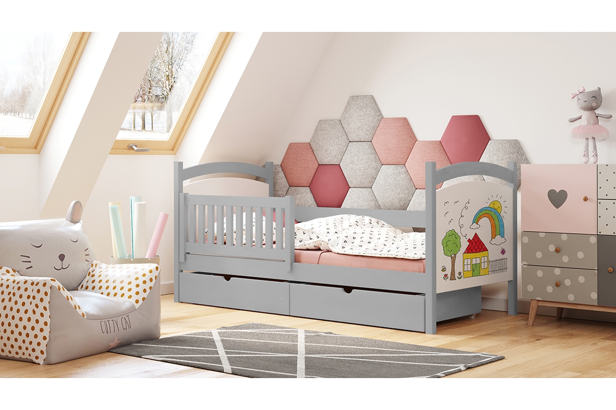 Detská posteľ s tabuľou Amely - Farba šedý, rozmer 80x160 šedá posteľ so zásuvkami na hračky 
