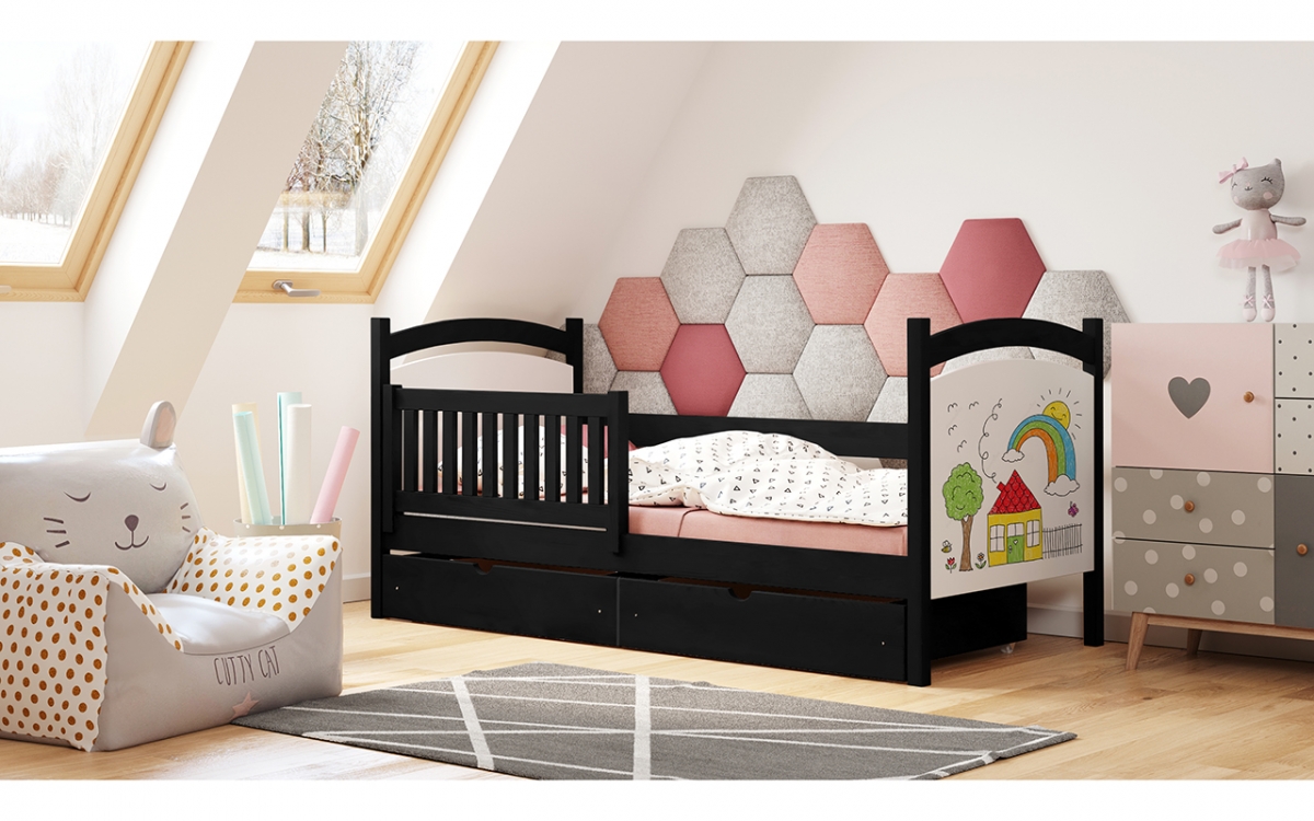 Detská posteľ s tabuľou Amely - Farba Čierny, rozmer 90x180 čierny posteľ z bialymi tablicami 