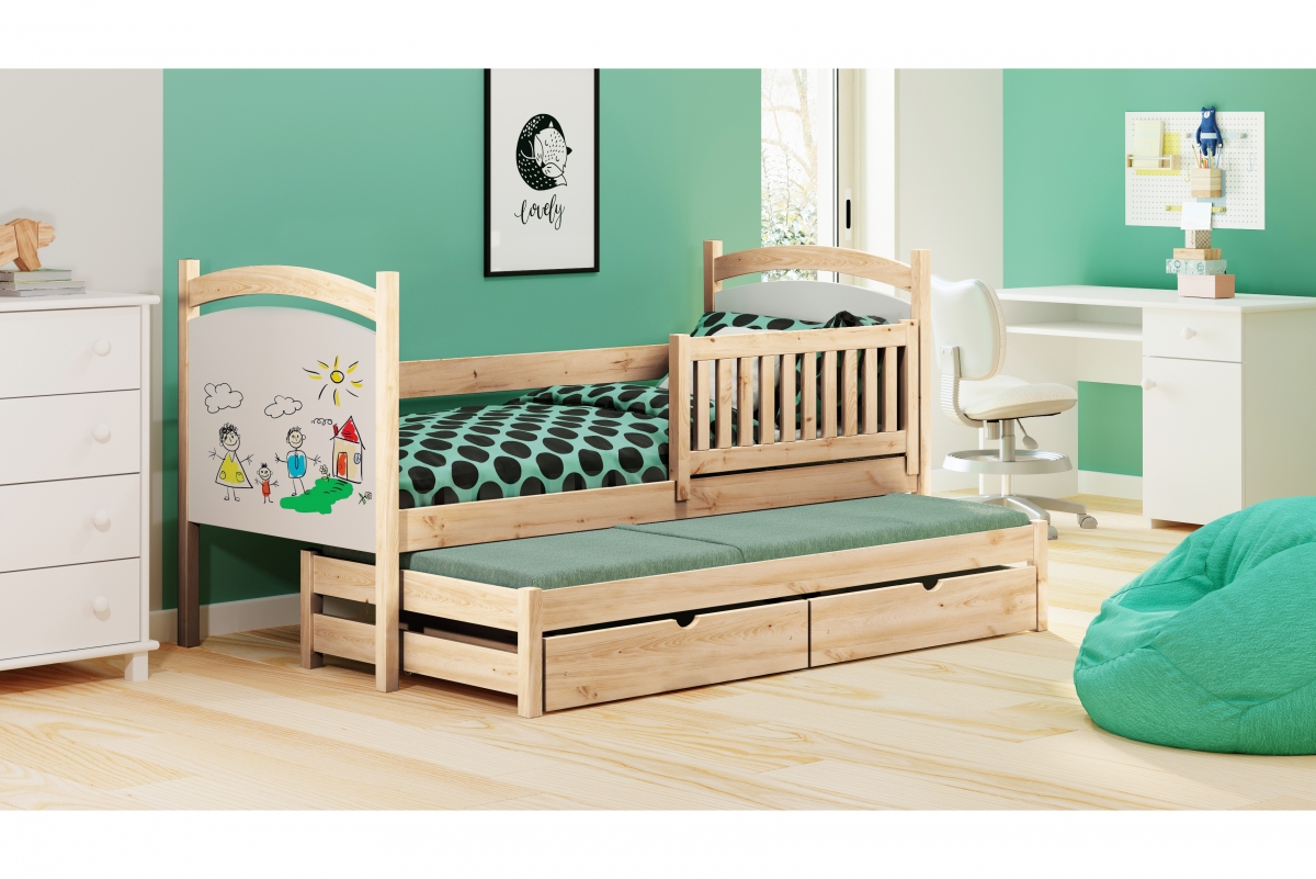 postel přízemní výsuvná s tabulí na suché mazání Amely - Barva Borovice, rozměr 80x200 sosnowe postel dětské s zásuvkami 