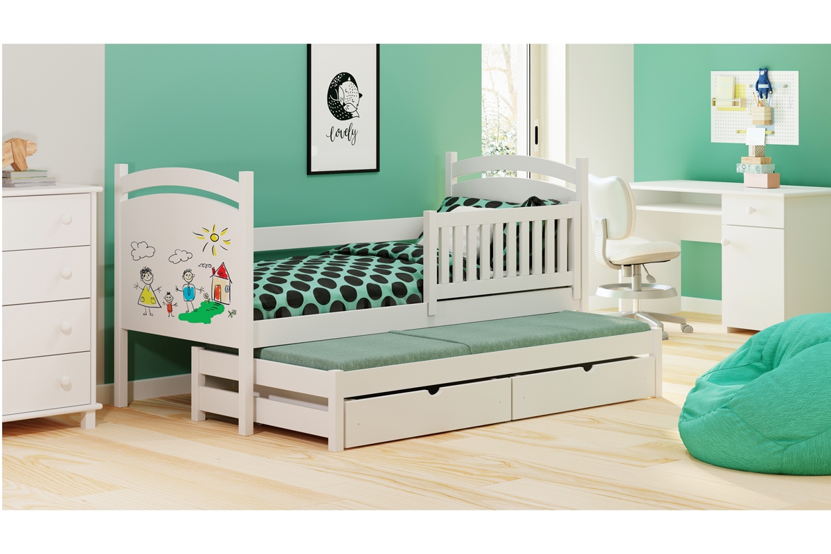 Dětská výsuvná postel Amely 80x160 s tabulí na fixy - bílá postel s zásuvkami na posciel 