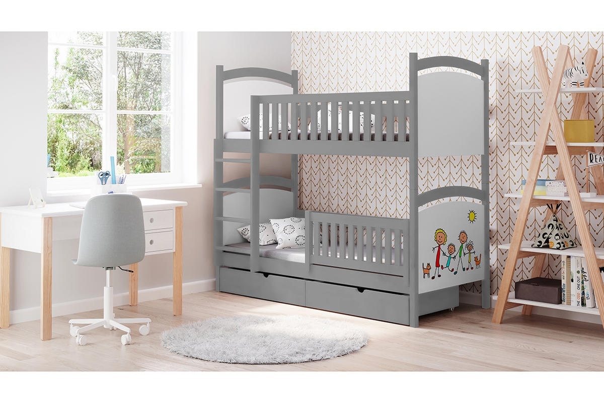 Posteľ poschodová s tabuľou Amely - Farba šedý, rozmer 90x190  šedá posteľ dla rodzenstwa 