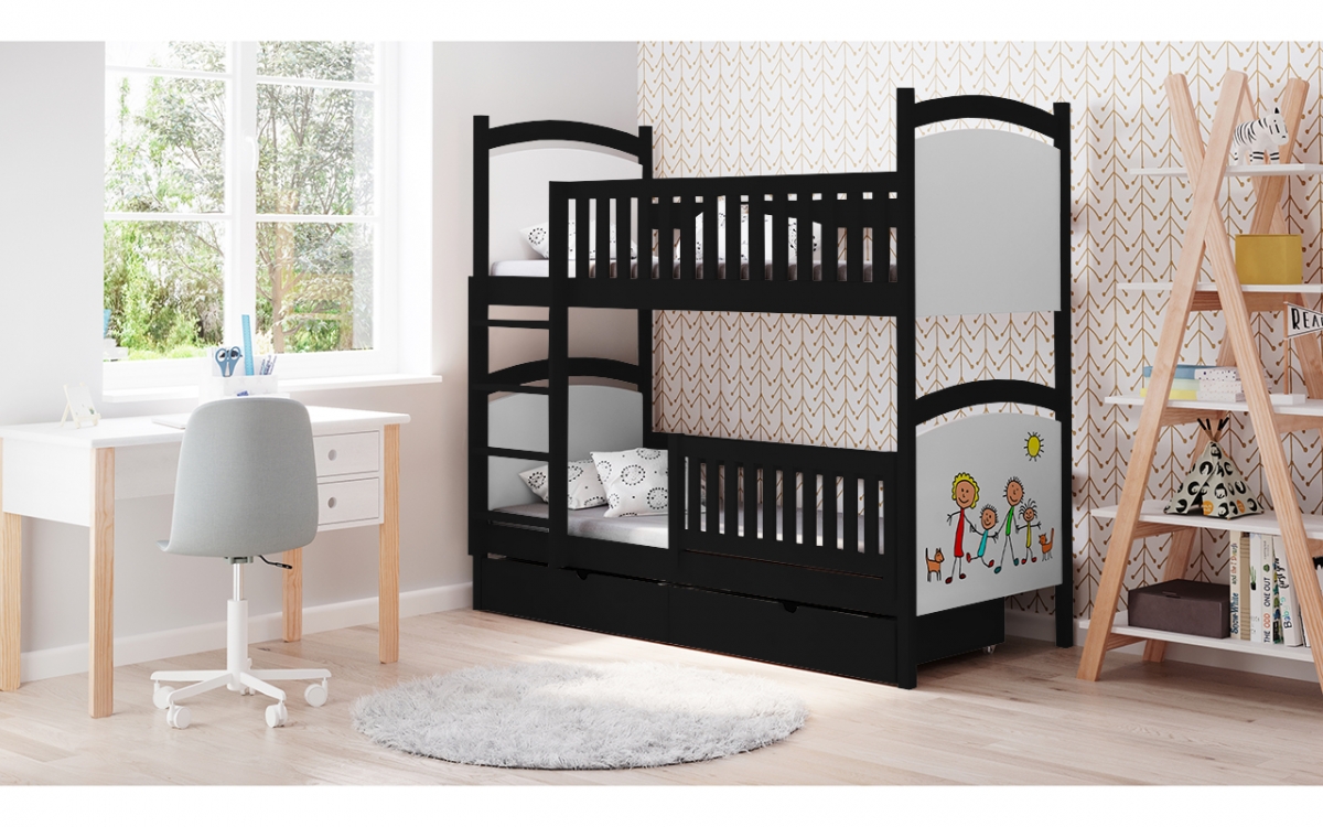 Amely emeletes ágy, szárazon törölhető rajztáblával - fekete, Méret 90x200 postel patrová  fiokokkal 