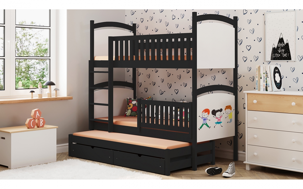 Amely kihúzható emeletes ágy, rajztáblával - fekete, 80x200 patrová  postel z bialymi tablicami 