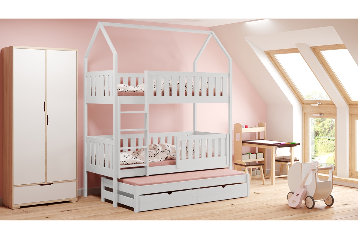 Detská poschodová posteľ Nemos domček s prístelkou - 80x180 cm - biela Detská posteľ poschodová s výsuvným lôžkom Nemos - Farba Biely 